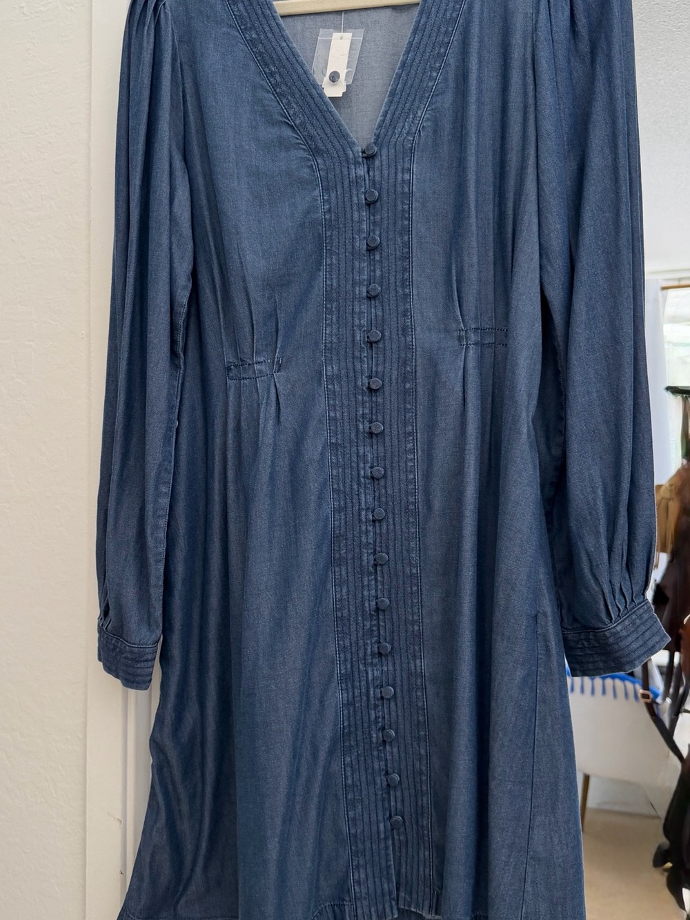 Madewell Denim-Blue Button Front Long Sleeve Midi Dress